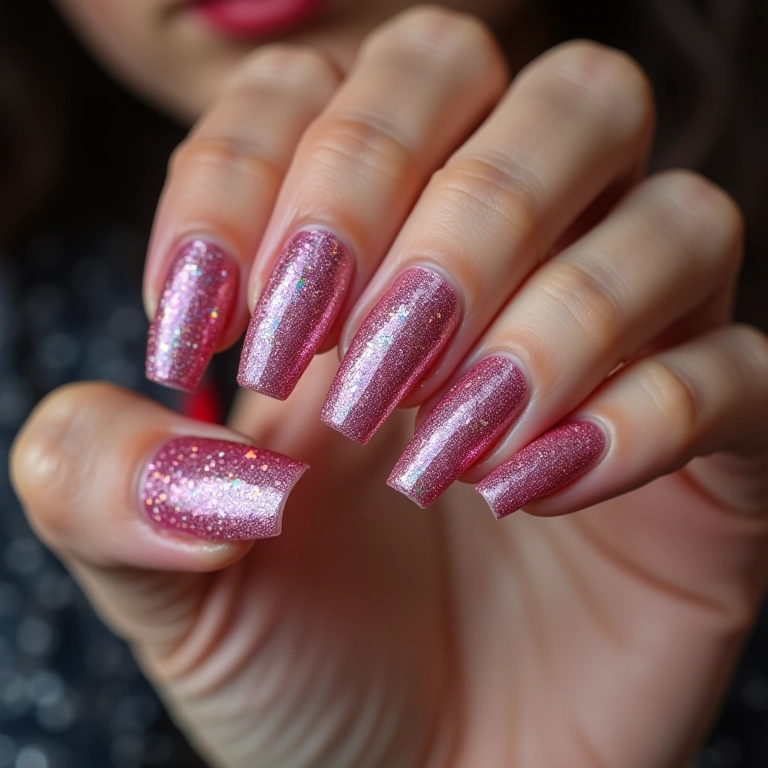 Unhas totalmente cobertas com glitter em pó brilhante.