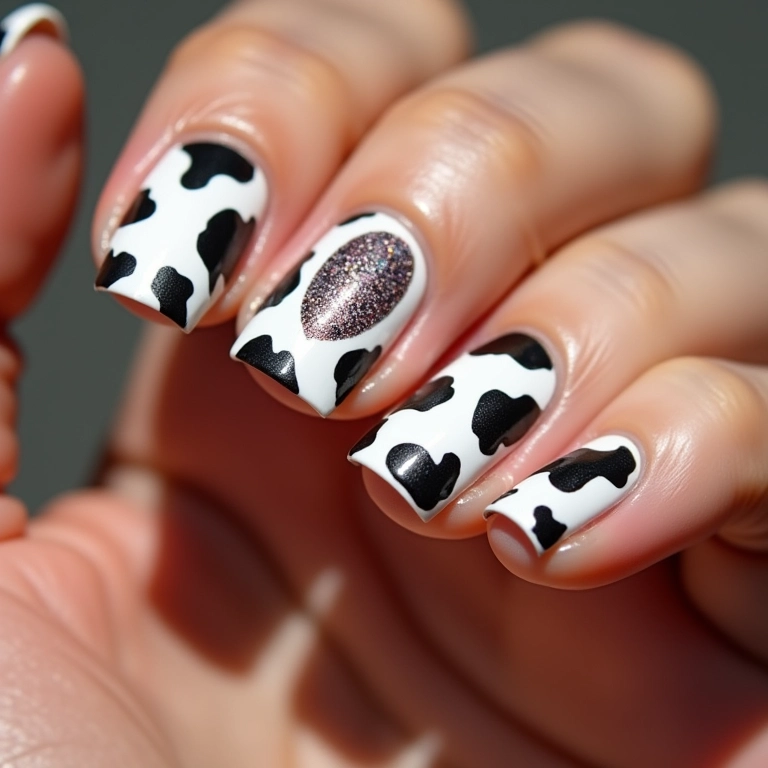 Unhas vaquinha com glitter e efeito brilhante.
