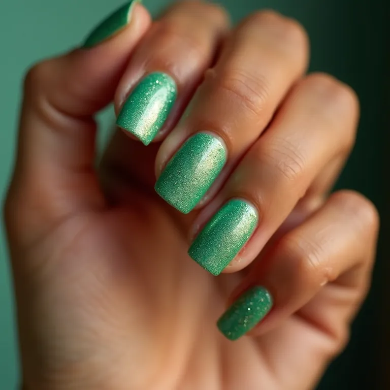 Unhas verde claro com glitter para um toque glamouroso.