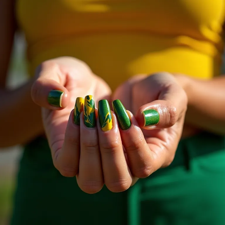 Unhas verde e amarelo vibrantes.