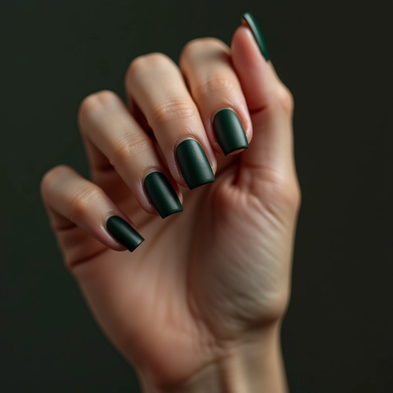 Unhas verde escuro com acabamento fosco.