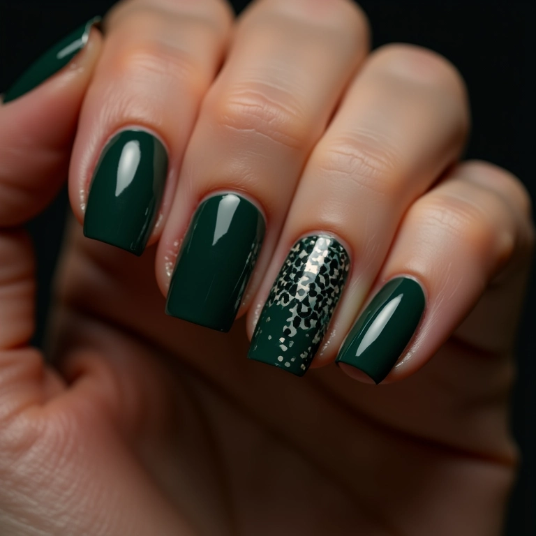 Unhas verde escuro com animal print ousado.