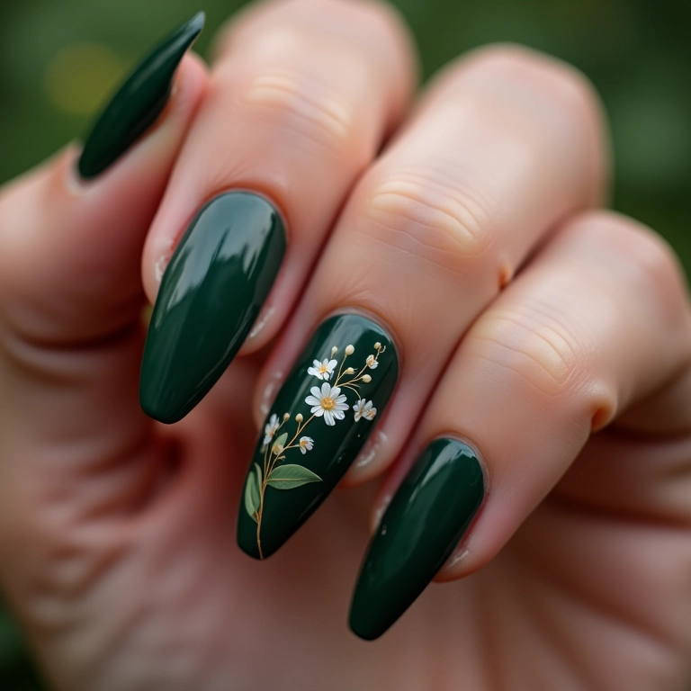 Unhas verde escuro com delicadas flores.