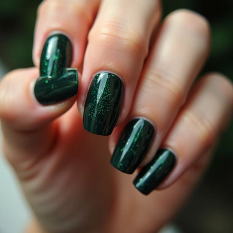 Unhas verde escuro com desenhos geométricos.