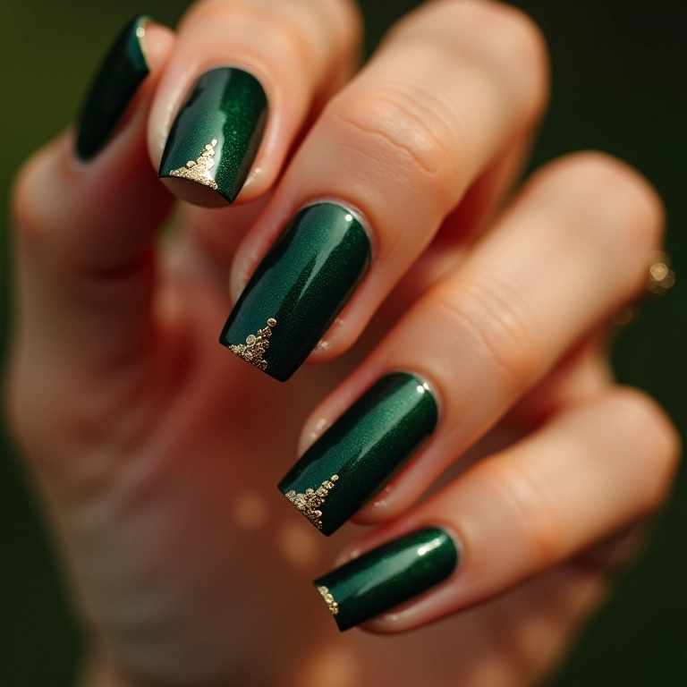 Unhas verde escuro com detalhes dourados.