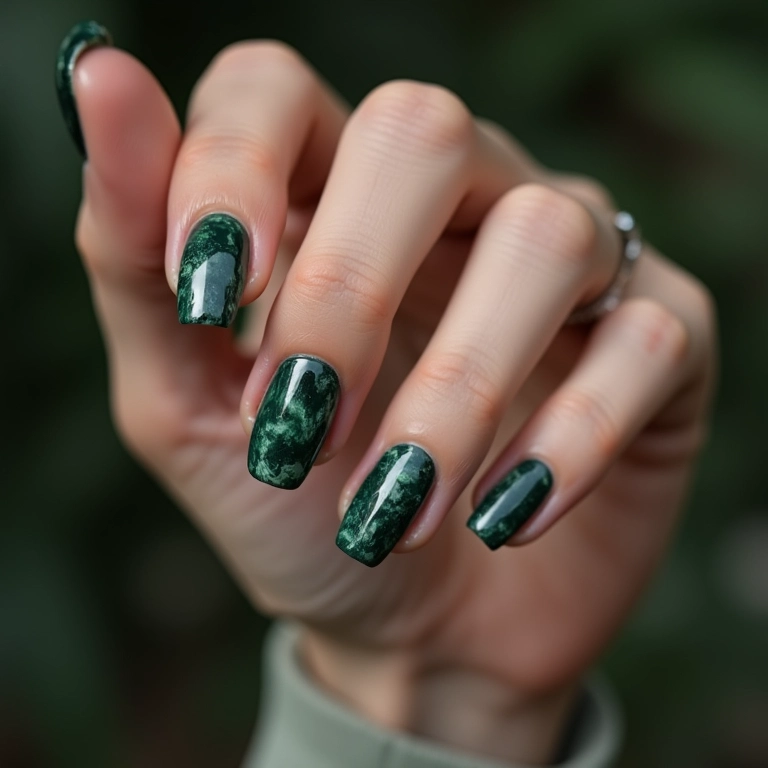 Unhas verde escuro com efeito marmorizado.