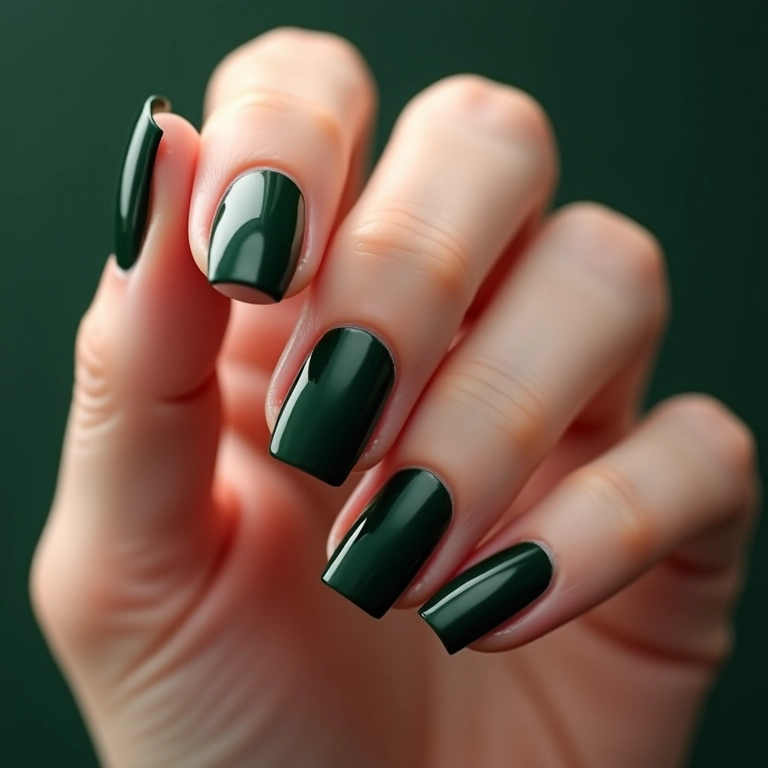 Unhas verde escuro com efeito ombré suave.