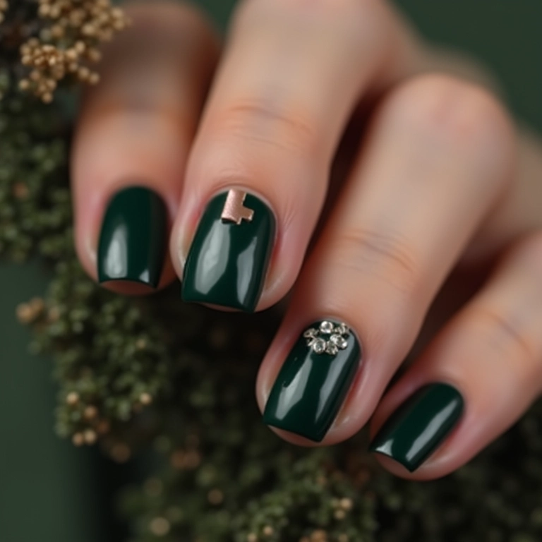 Unhas verde escuro com filha única charmosa.