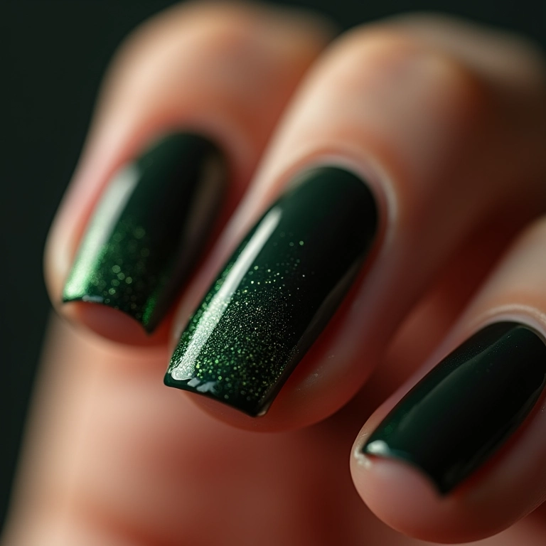 Unhas verde escuro com glitter brilhante.