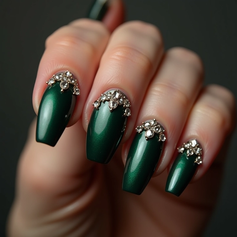 Unhas verde escuro com pedrarias brilhantes.