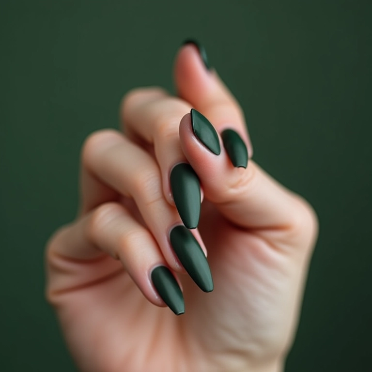 Unhas verde escuro minimalistas e elegantes.