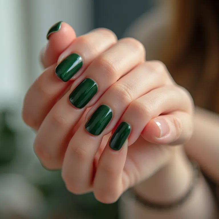 Unhas verde militar e cutículas bem cuidadas.