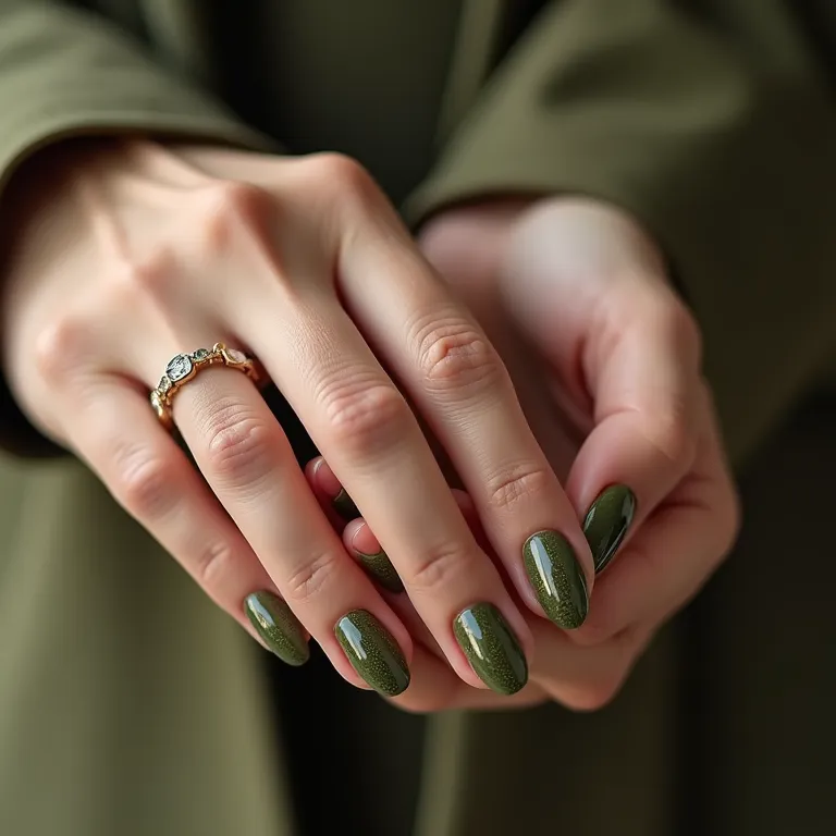 Unhas verde militar: elegância e sofisticação em close-up.