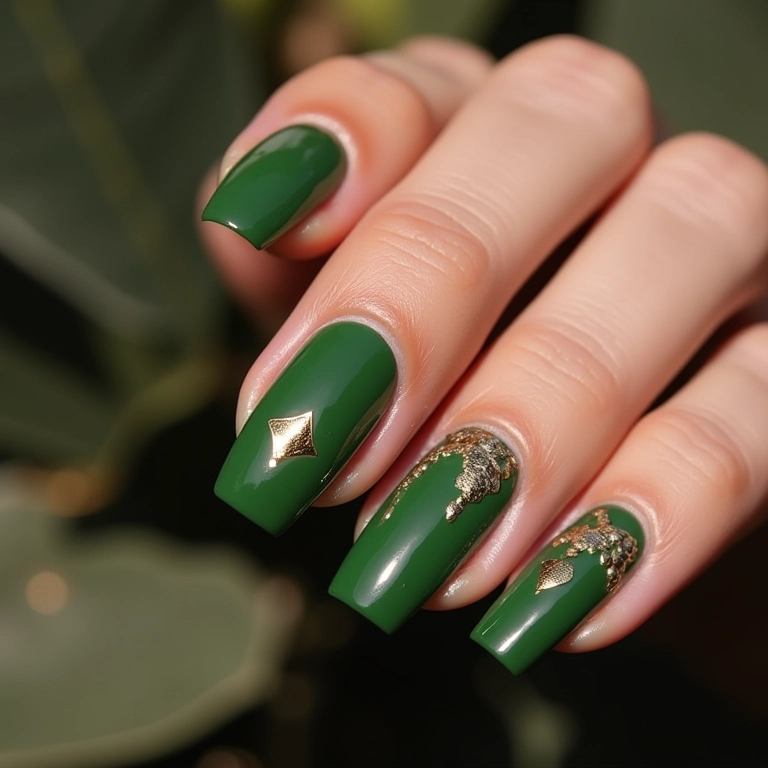 Unhas verde musgo com detalhes dourados: elegância e riqueza.