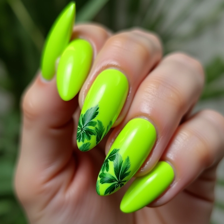Unhas verde neon com detalhes sutis do Palmeiras.