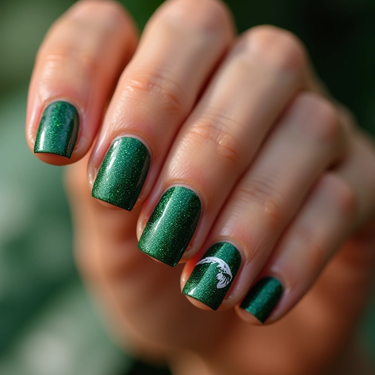 Unhas verdes com glitter e um detalhe do Palmeiras.