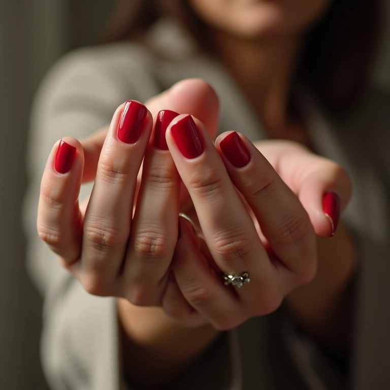 Unhas vermelhas clássicas em mãos de senhora elegante, com joias discretas.