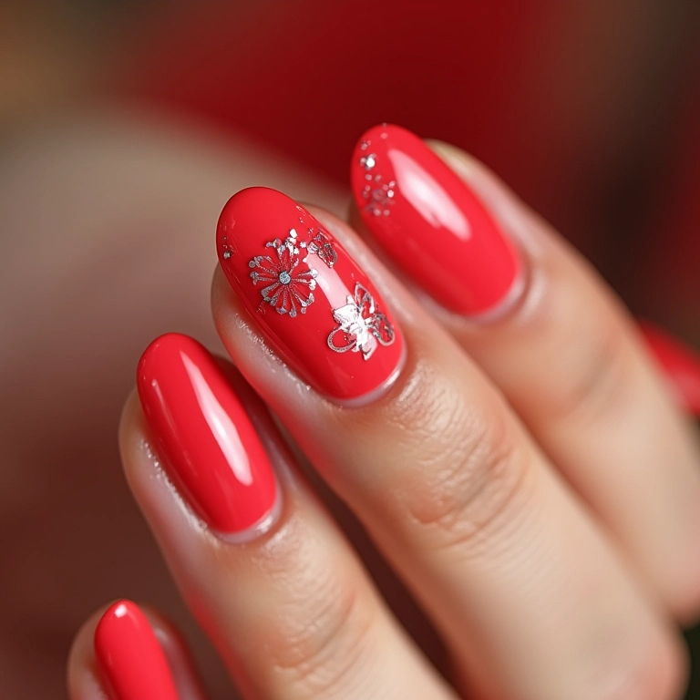 Unhas vermelhas com adesivos: praticidade e estilo.
