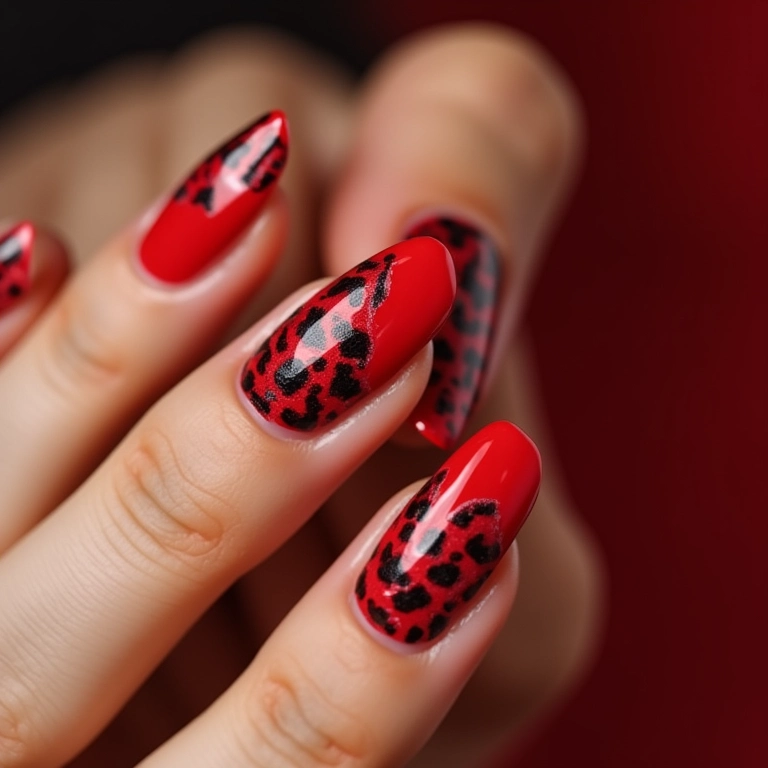 Unhas vermelhas com animal print: estilo selvagem.