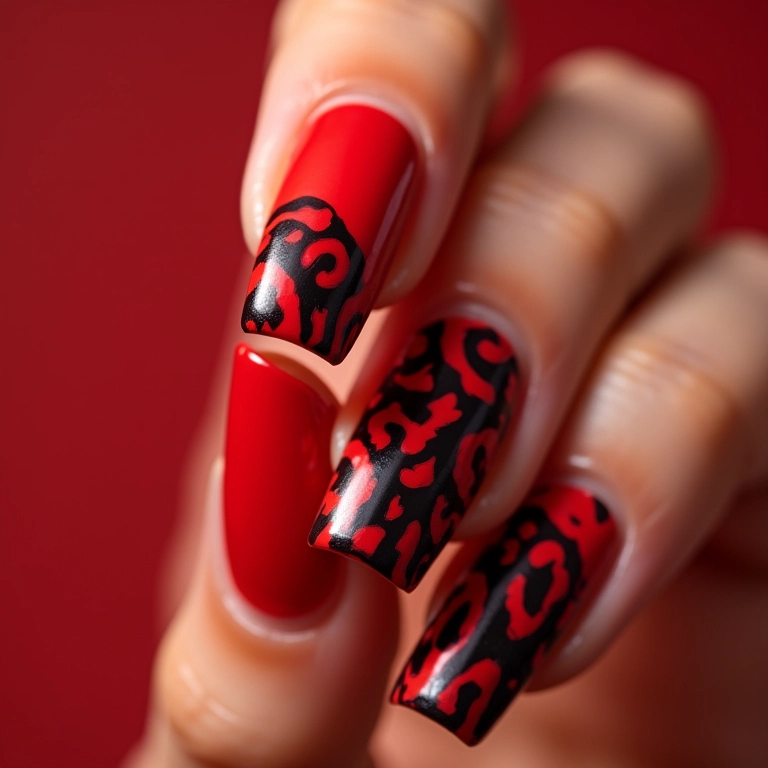 Unhas vermelhas com animal print.