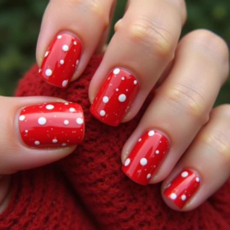 Unhas vermelhas com bolinhas brancas, um clássico natalino.