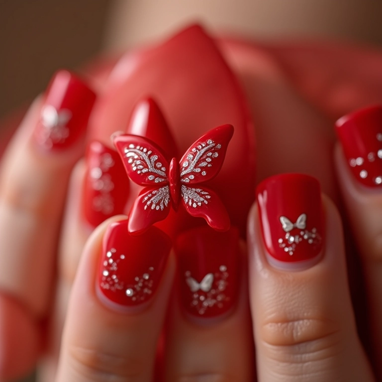Unhas vermelhas com borboletas.
