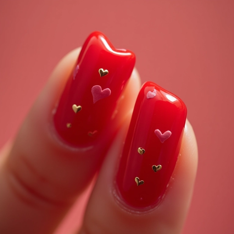 Unhas vermelhas com corações.
