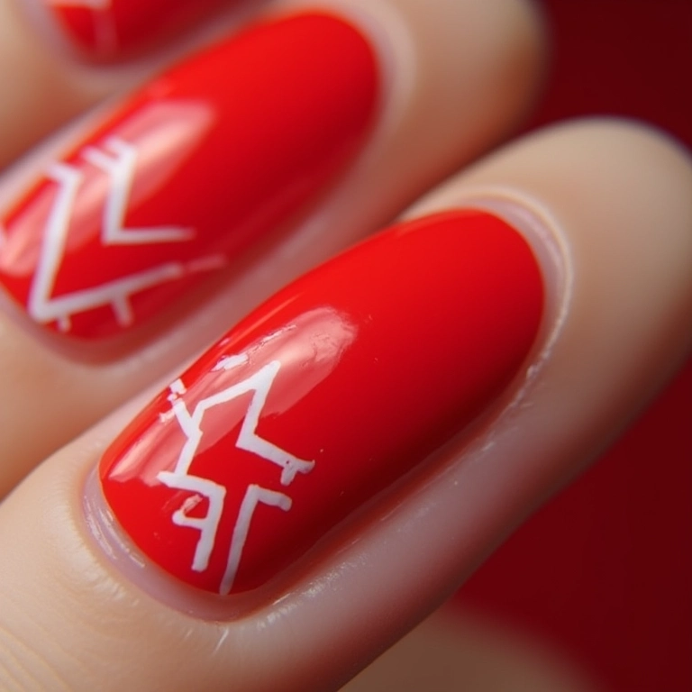 Unhas vermelhas com desenhos geométricos.