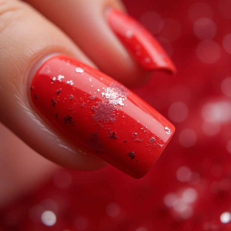 Unhas vermelhas com efeito marmorizado, design único.
