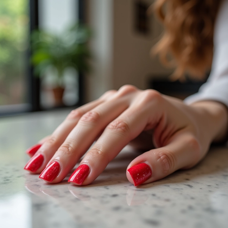 Unhas vermelhas com efeito marmorizado elegante.