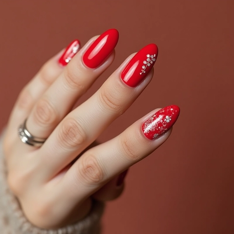 Unhas vermelhas com filha única decorada, destaque especial.
