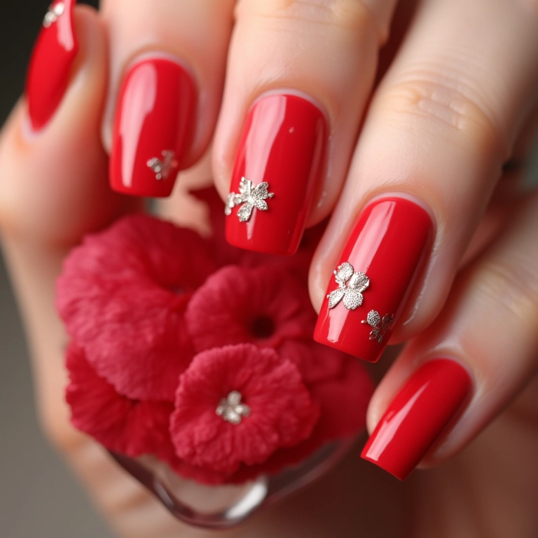 Unhas vermelhas com flores delicadas.