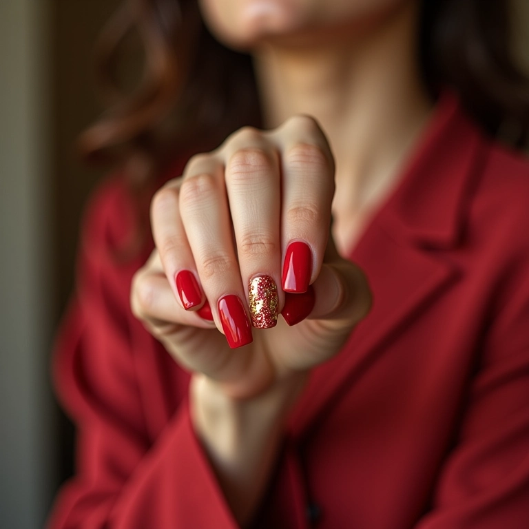 Unhas vermelhas com francesinha dourada, elegância e sofisticação.
