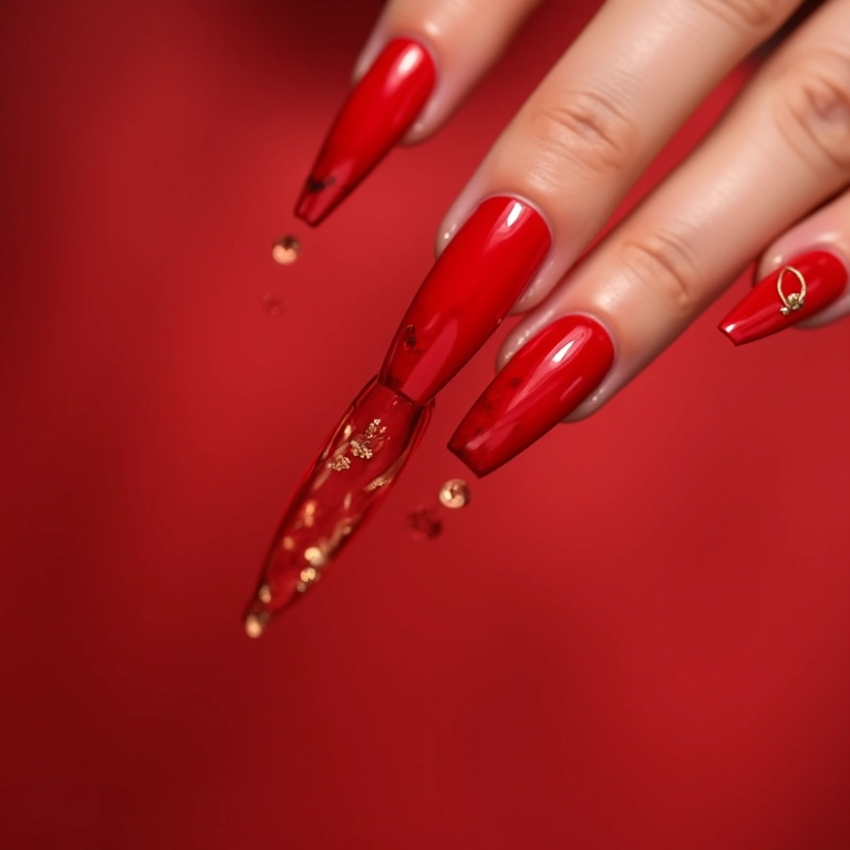 Unhas vermelhas com francesinha invertida dourada, estilo moderno.