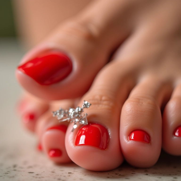 Unhas vermelhas com pedrarias brilhantes.