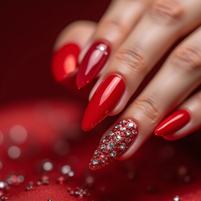 Unhas vermelhas com pedrarias brilhantes.