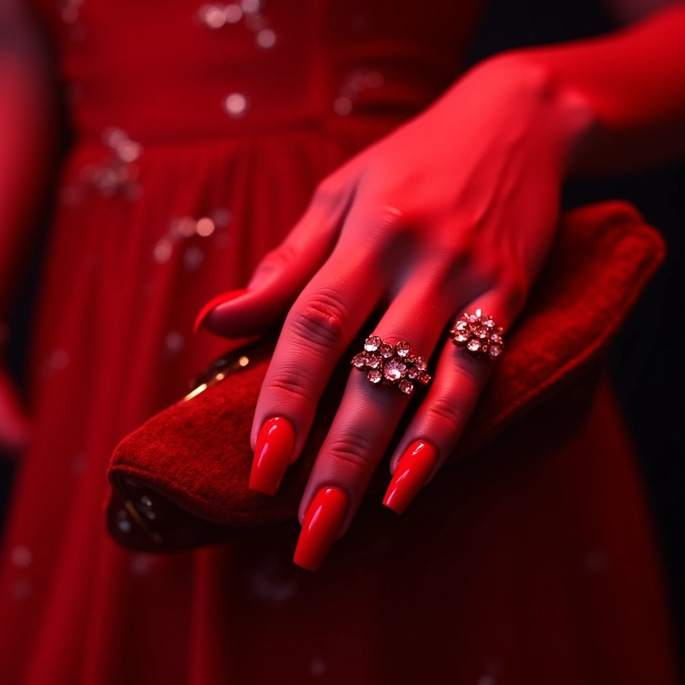 Unhas vermelhas com pedrarias luxuosas.