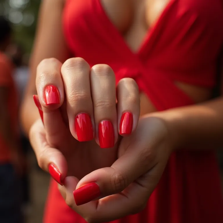 Unhas vermelhas de gel, paixão e poder.