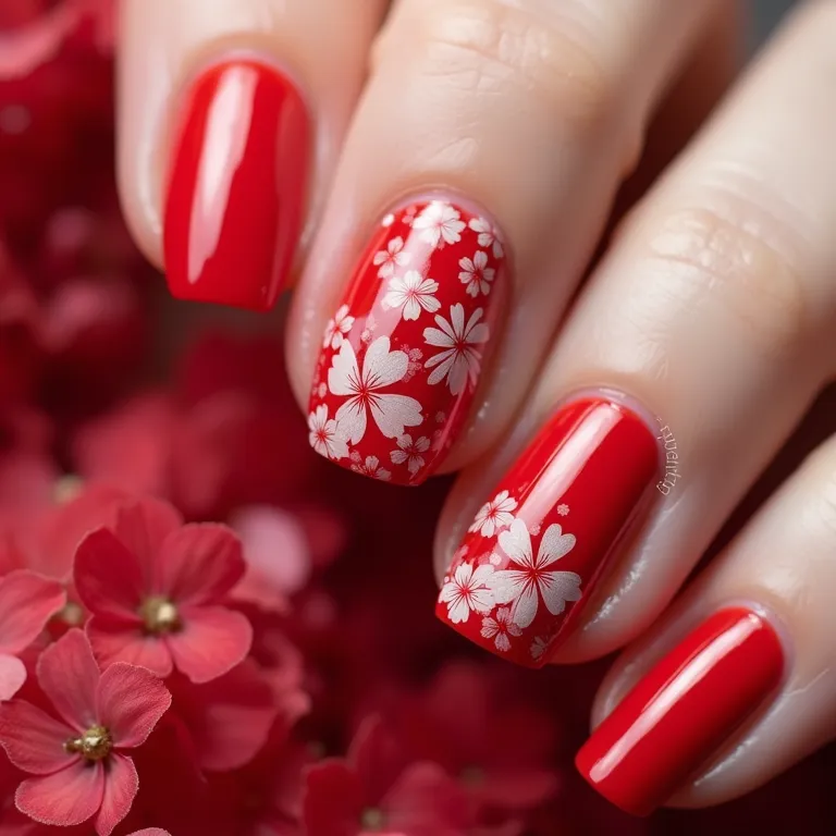 Unhas vermelhas decoradas com flores, delicadeza e feminilidade.