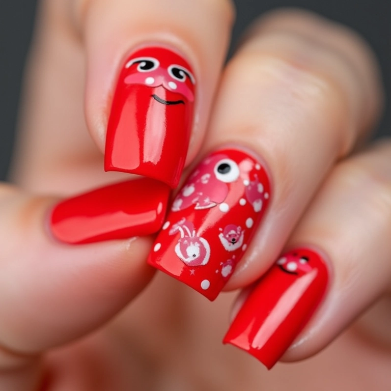 Unhas vermelhas encapsuladas com adesivos.