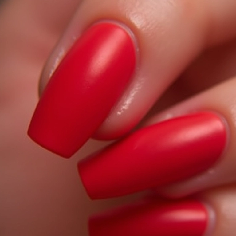 Unhas vermelhas encapsuladas com efeito fosco.
