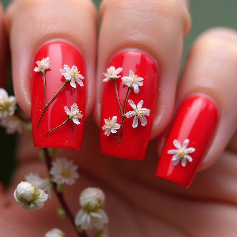 Unhas vermelhas encapsuladas com flores secas.