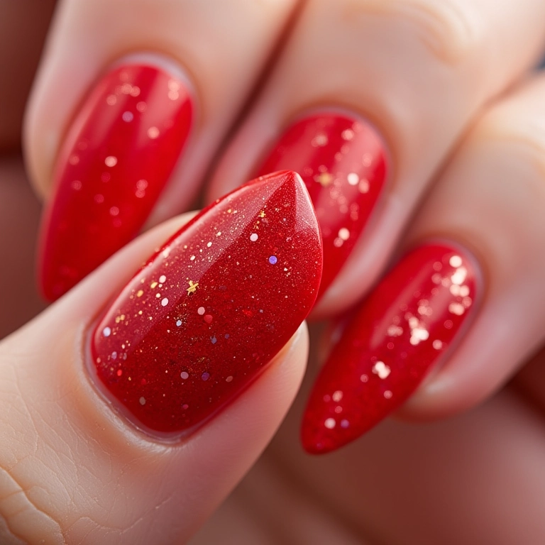 Unhas vermelhas encapsuladas com glitter brilhante.