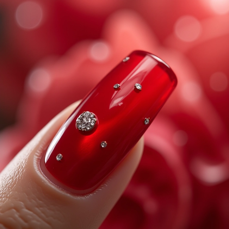 Unhas vermelhas encapsuladas com pedrarias.