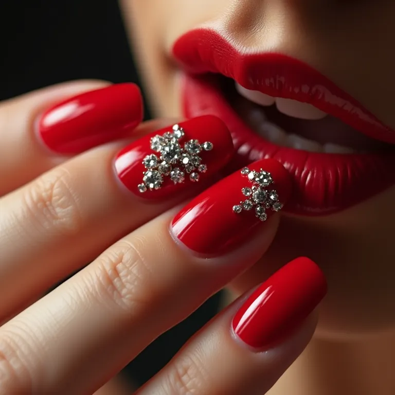 Unhas vermelhas vibrantes com pedrarias delicadas e sofisticadas.