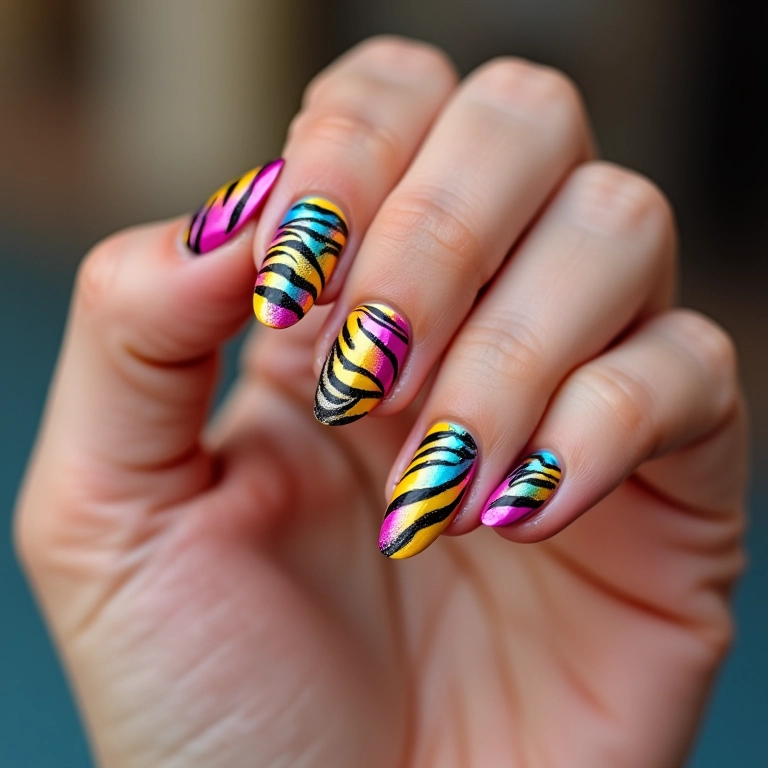 Unhas vibrantes com estampa de zebra em tons de rosa, amarelo e azul.
