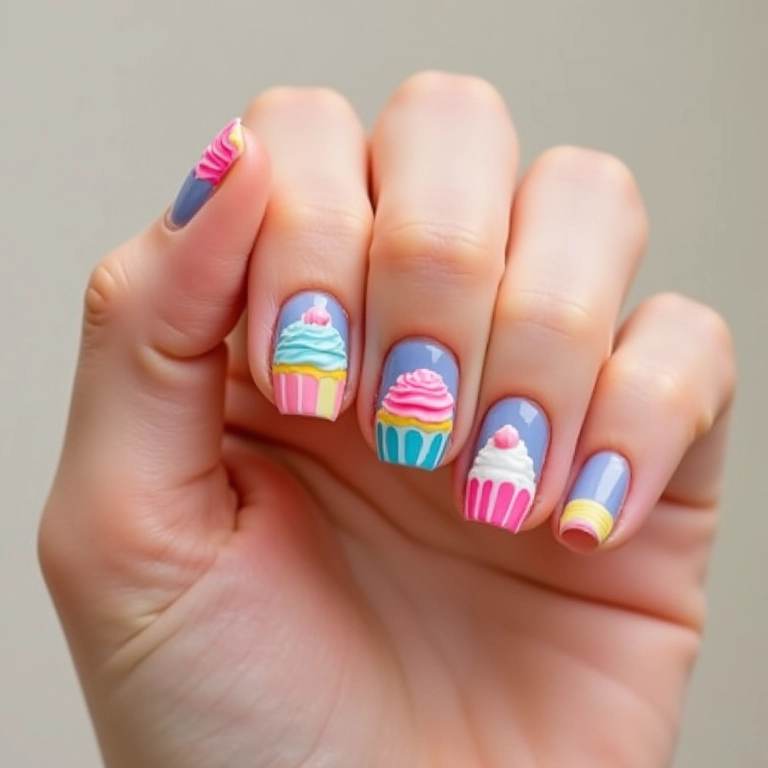 Unhas vibrantes decoradas com cupcakes coloridos.