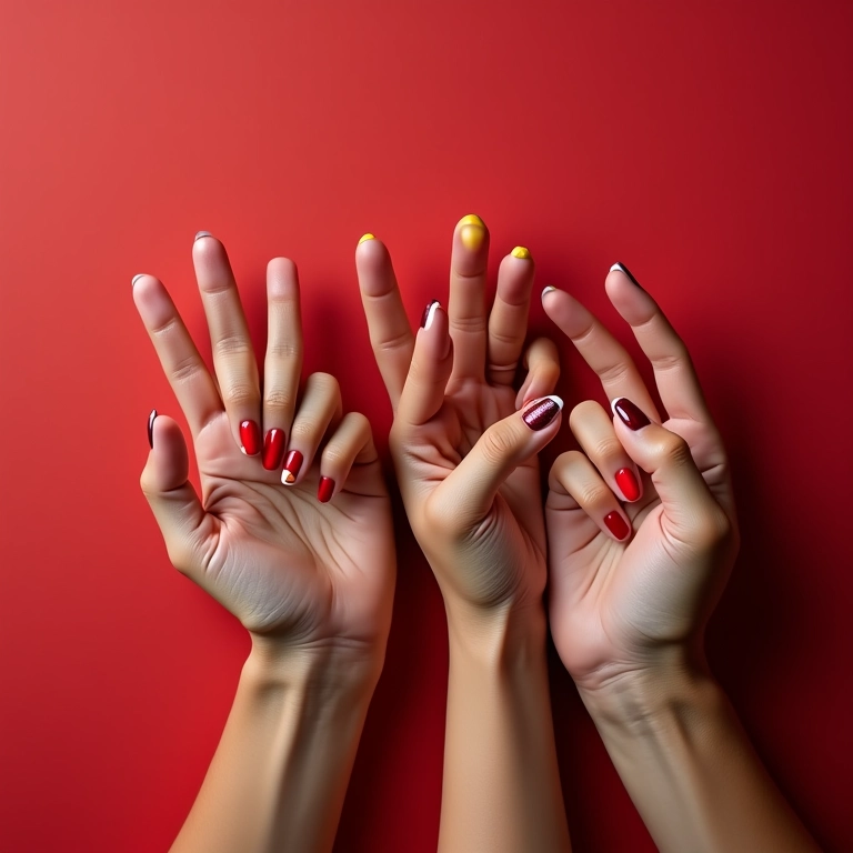 Várias mãos com unhas decoradas em estilo francesinha.