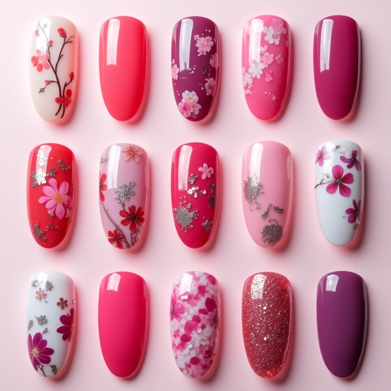 Variedade de cores e designs para unhas de gel: florais, geométricos e glitter.
