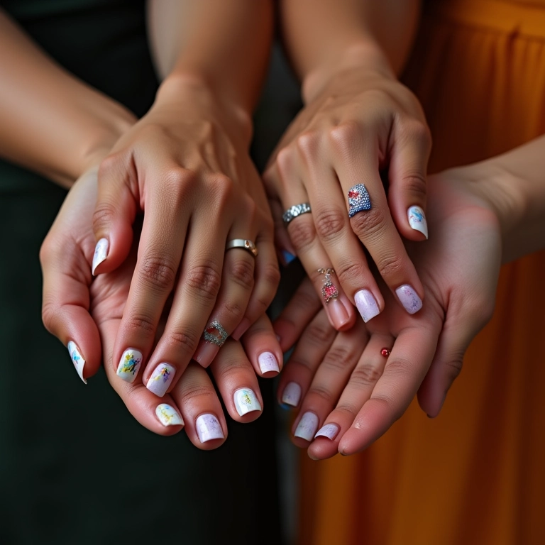 Variedade de designs de nail art em diferentes tons de pele.